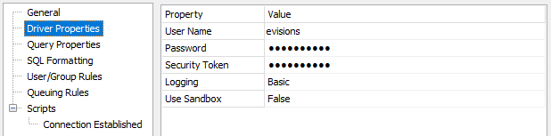 Driver Properties screen showing a username of "evisions" with starred out password and security token, basic logging, and use sandbox set to false.